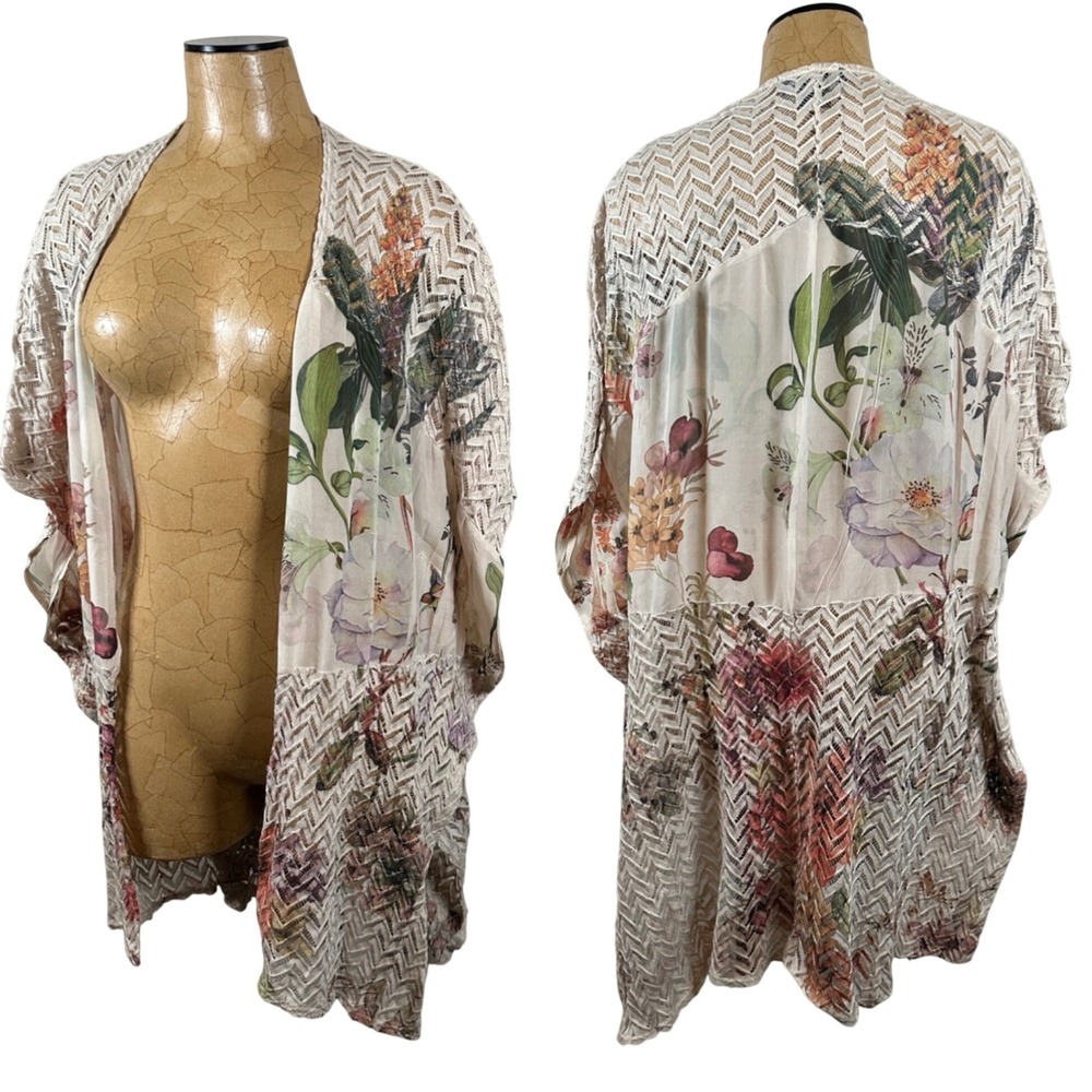 Floral Fairy Grunge Lace Crochet‎ Kimono Cardigan Beige Multi Boho Layering